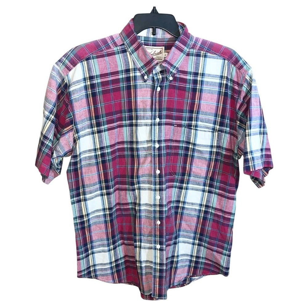 Woolrich Shirt Men’s Size XL Red White Blue Plaids Button Front Short Sleeve